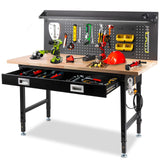 MUWOOD 60" Workbench with Drawers, Work Benches for Garage with Strip Light, Adjustable Work Table with Large Pegboard, 2000 LBS Heavy Duty Table with Power Outlet Rubber Wood for Garage, Office MUWOOD