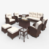 LayinSun 10 Pieces Outdoor Patio Furniture Set with Fire Pit Table, Rattan Wicker Sectional Swivel Rocker Chairs Sets LayinSun
