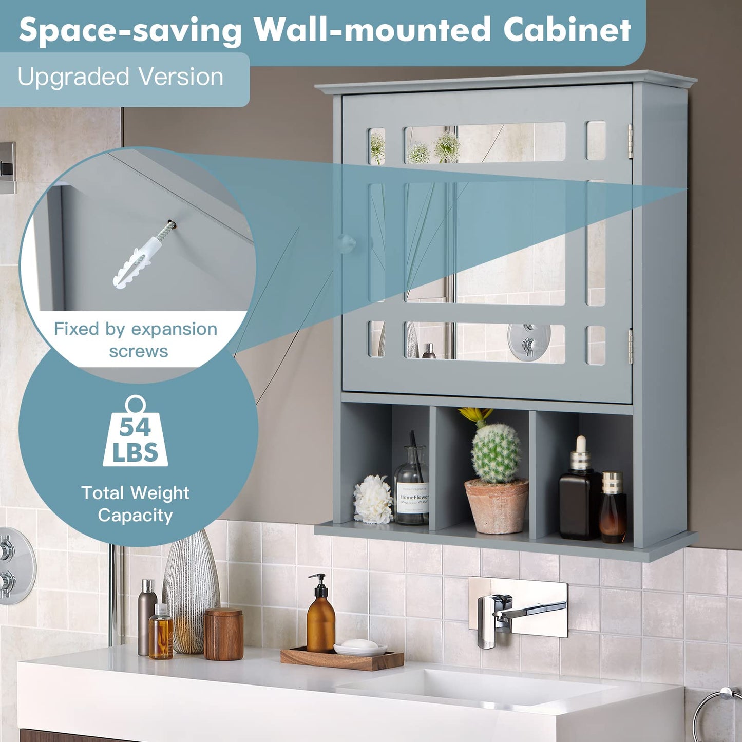 Tangkula Wall-mounted Bathroom Cabinet, 2-in-1 Storage Organizer with Mirror Door, Wall-mounted Medicine Cabinet with Adjustable Shelf & 3 Open Compartments for Bathroom, Living Room, Entrywa - WoodArtSupply