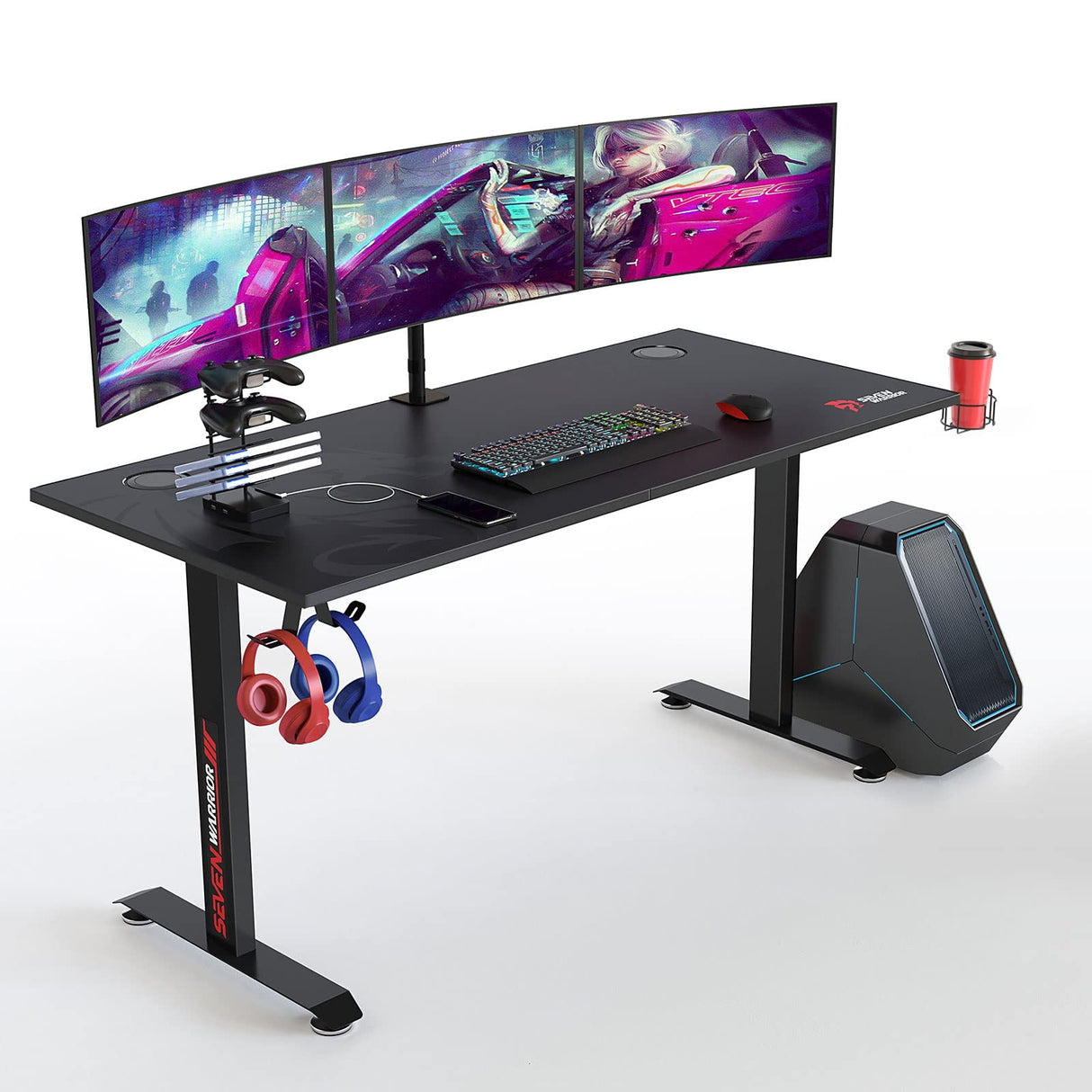 SEVEN WARRIOR Gaming Desk 60 INCH, T- Shaped Carbon Fiber Surface Computer Desk with Full Desk Mouse Pad, Ergonomic E-Sport Style Gamer Desk with Double Headphone Hook, USB Gaming Rack, Cup Holder SEVEN WARRIOR