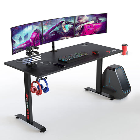 SEVEN WARRIOR Gaming Desk 60 INCH, T- Shaped Carbon Fiber Surface Computer Desk with Full Desk Mouse Pad, Ergonomic E-Sport Style Gamer Desk with Double Headphone Hook, USB Gaming Rack, Cup Holder SEVEN WARRIOR