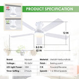 Ceiling Fans with Lights- 52" Low Profile Indoor Ceiling Fan with Light and Remote/APP Control, Flush Mount, LED Dimmable DC Reversible Modern Ceiling Fan for Bedroom（White） Mpayel