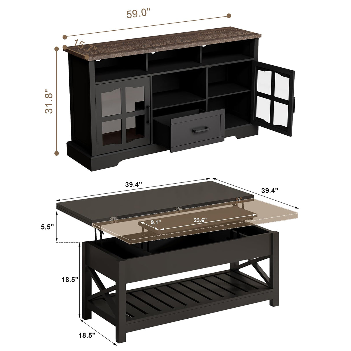 ChooChoo 2-Piece Living Room Table Set - Includes TV Stand with Storage for 75" TV, Lift-top Coffee Table with Storage and Hidden Compartment, Black & Espresso ChooChoo