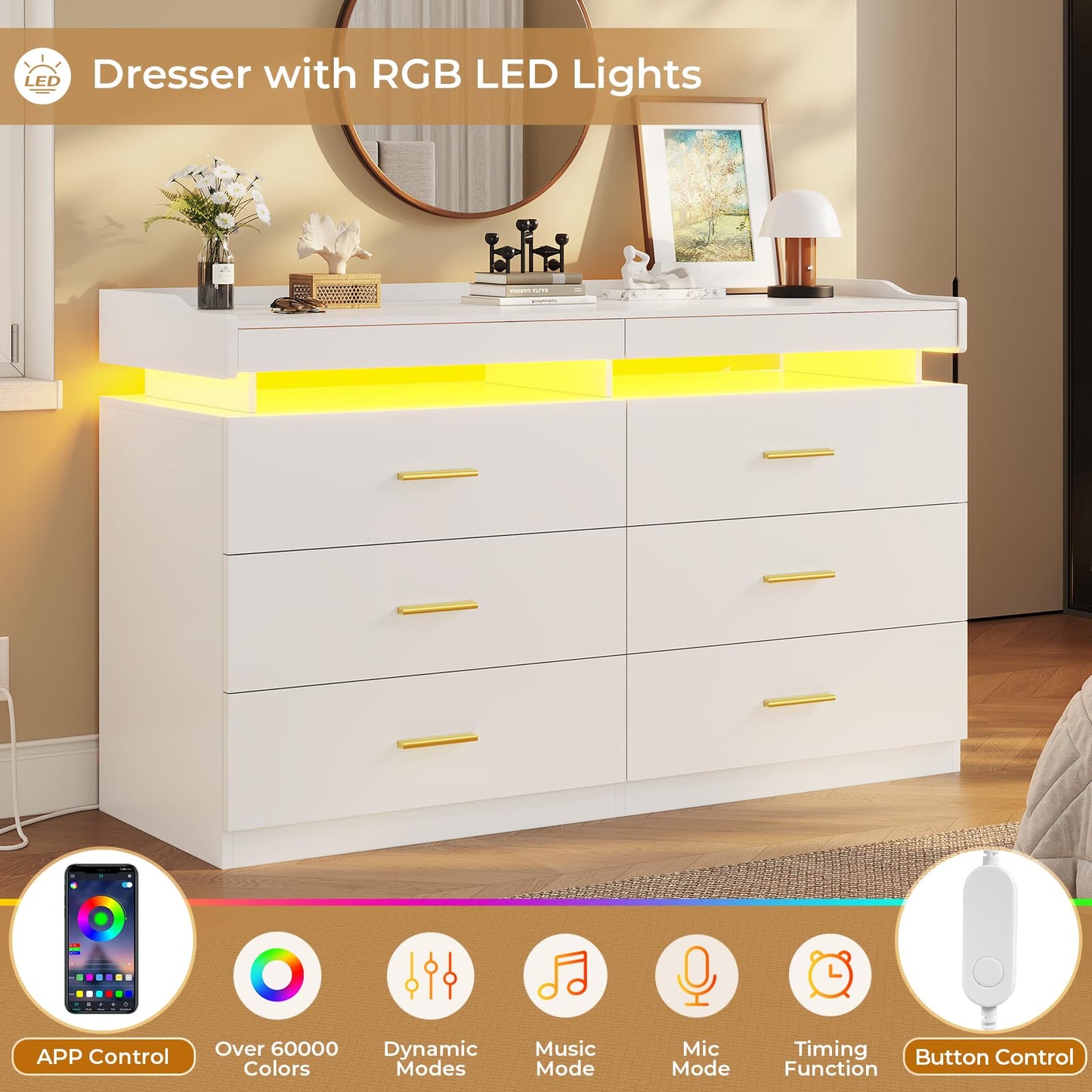 BTHFST LED Dresser for Bedroom Wood, 6 Drawer Dresser with 2 Pull-Out Trays, Chest of Drawers for Bedroom, Modern Wide Dresser for Living Room, Entryway, White - WoodArtSupply