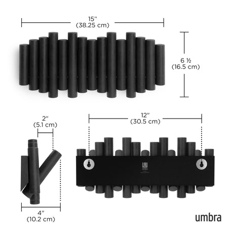 Umbra Picket Wall-Mounted Coat Rack Rail Hook with 5 Retractable Wood Pegs – Modern, Space-Saving Storage Organizer, Black Umbra