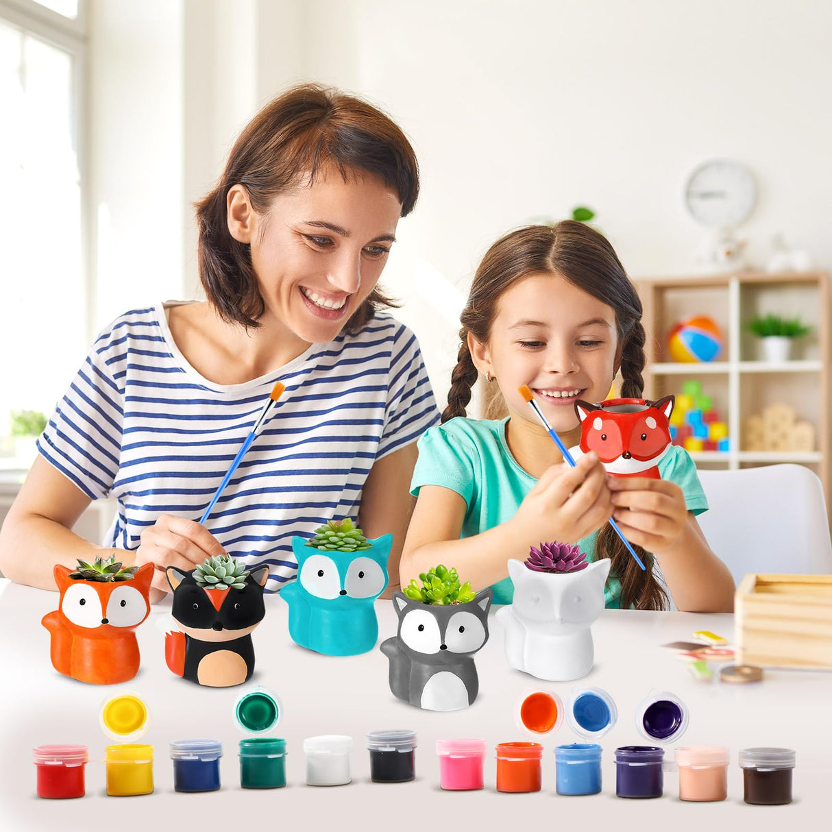 Pasimy 6 Set DIY Ceramic Succulent Planter Pots Paint Your Own Flower Pots Craft Kit Unpainted Bisque Paintable Flowerpot with Brush Palette Ready to Paint for Family Activity Gift(Fox) Pasimy