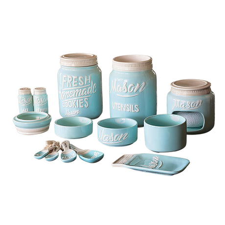 Farmhouse Canisters Sets for the Kitchen - Mason Jar Ceramic Kitchen Utensil Holder, Spoon Rest, Cute Cookie Jar, Salt & Pepper Shaker Sets, Sponge Holder, Measuring Cups & Spoons (Blue, 17-Pc Bundle) Goodscious