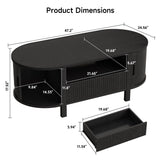 47 Inch Oval Coffee Table, Fluted Coffee Tables with Storage, Mid-Century Modern Living Room Tables, Center Table with Sliding Door and Wood Handle for Living Room, Black ComfyCorner