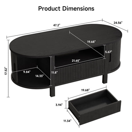 47 Inch Oval Coffee Table, Fluted Coffee Tables with Storage, Mid-Century Modern Living Room Tables, Center Table with Sliding Door and Wood Handle for Living Room, Black ComfyCorner