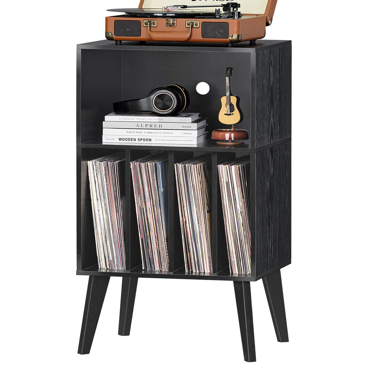 Lerliuo Record Player Stand, Black Turntable Stand Holds up to 160 Albums, Mid-Century Vinyl Storage Cabinet Table with Solid Wood Legs, Record Player Holder Dispaly Shelf for Bedroom Living Room Lerliuo