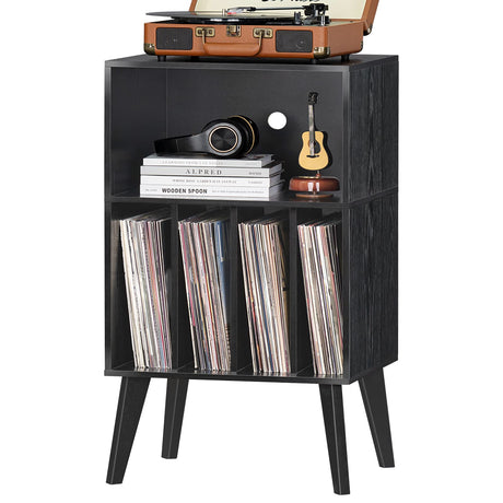 Lerliuo Record Player Stand, Black Turntable Stand Holds up to 160 Albums, Mid-Century Vinyl Storage Cabinet Table with Solid Wood Legs, Record Player Holder Dispaly Shelf for Bedroom Living Room Lerliuo