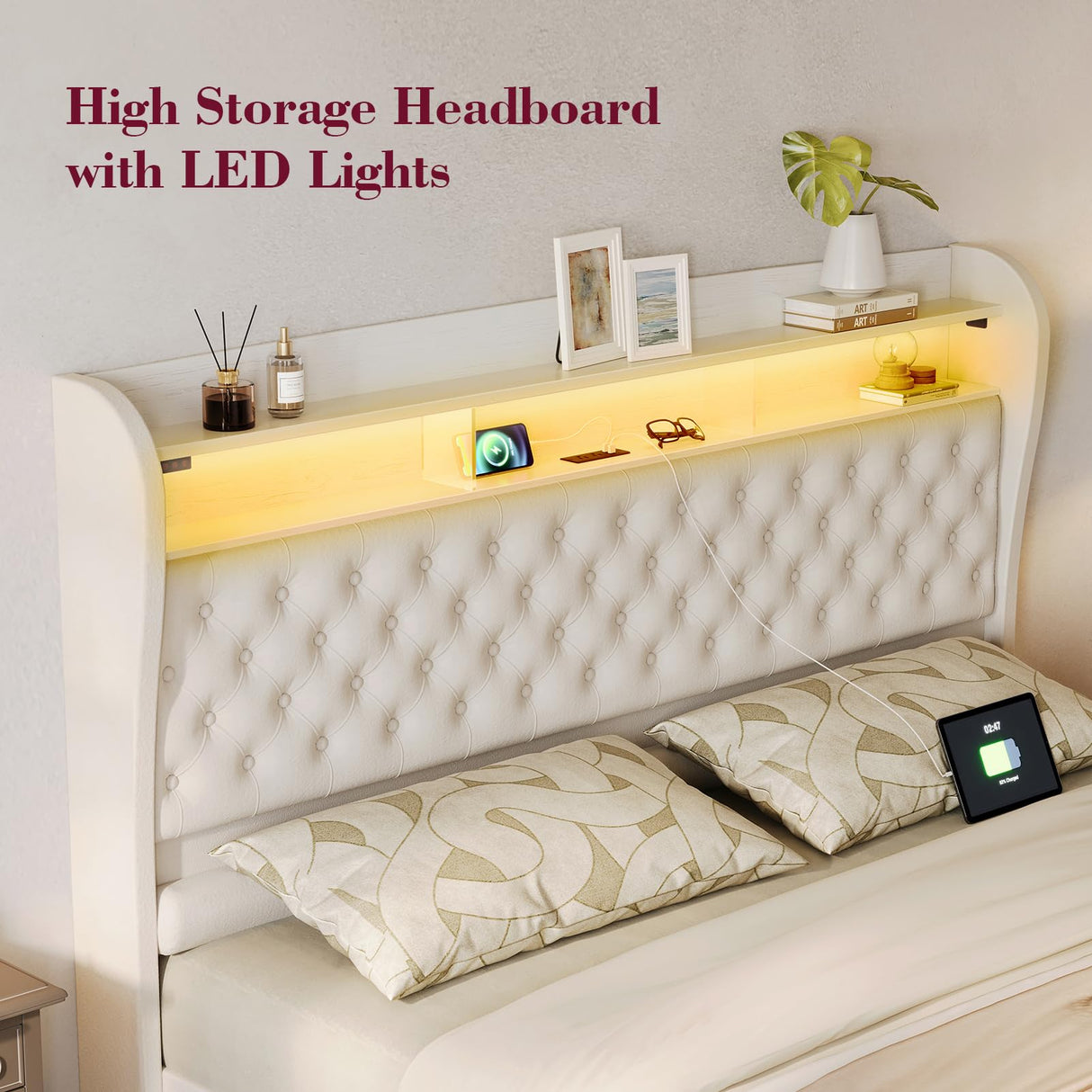 ROCHECASA Twin Bed Frame with Storage, Velvet Upholstered Bed with Charging Station and LED Light, Deep Button Tufted Wingback Headboard, No Box Spring Needed, Noise Free, Easy Assembly, Cream ROCHECASA