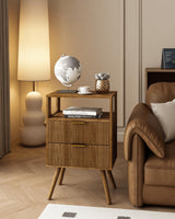 Leomonio Nightstand,Modern Bedside Table with 2 Storage Drawer and Open Wood Shelf, for Bedroom and Small Spaces,Night Stand with Solid Wood Legs,Walnut Brown Leomonio