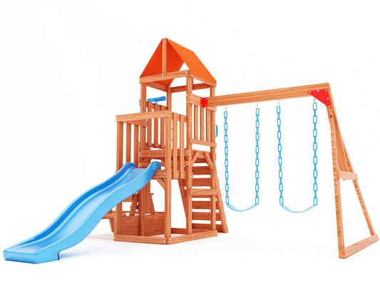 Dolphin Playground Cedar Wooden Swing Sets for Backyard, Playground Sets for Backyards with 2 in 1 Outdoor Table, Wave Slide, Climbing Wall, and 2 Belt Swings, Heavy Duty Swing Sets, Outdoor Playset