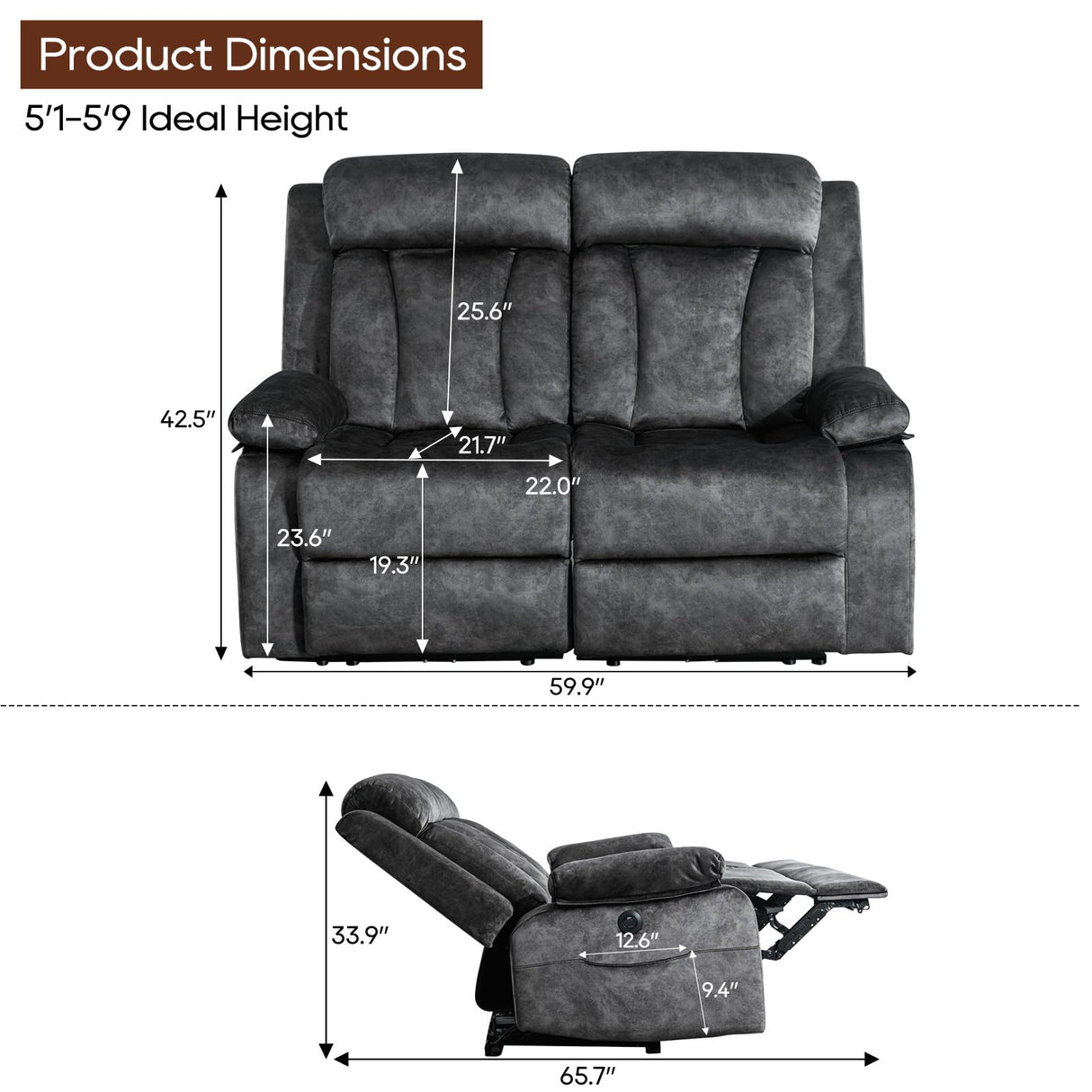GUEAPY Power Reclining Loveseat with Console, Heat & Massage, Wall Hugger Design - 2-Seat Sofa with Cup Holders, USB & Type-C Ports, Plush Dutch Velvet Recliner for Living Room, RV, Office, Apartment GUEAPY