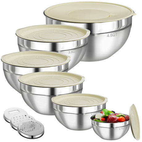 Winproper Mixing Bowls with Lids Set, 6 PCS Stainless Steel Mixing Bowls with 3 Grater Attachments, Kitchen Food Storage Organizers Nesting Mixing Bowl, Large Size 4.5, 3.5, 2.1, 1.5, 1.1, 0.7QT Winproper