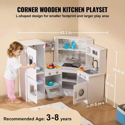 VEVOR Corner Wooden Play Kitchen, Toy Set with Lights and Sounds, Toddler Kitchen with Ice Maker, Oven, Sink, Clock, Microwaves, Refrigerator and Accessories, for Toddlers, Preschoolers, White