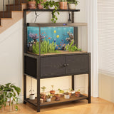 Fienveorn 40-50 Gallon Fish Tank Stand with LED Light Power Outlets,Heavy Duty Metal Aquarium Stand with Storage Shelf and Moveable Hooks,Turtle Reptile Terrariums Stand,Black Halitaa