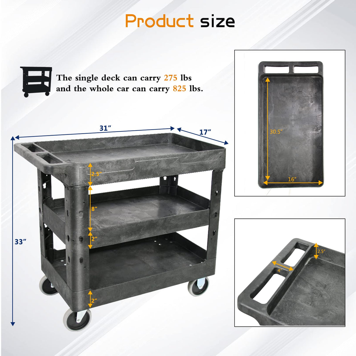 AQNIEGEP 3 Shelf Utility Cart Heavy Duty Rolling Cart with Brake Wheels Storage Service Cart w/Deep Shelves for Warehouse Workshop Cleaning Office Restaurant Commercial Moving 600lbs Capacity Black AQNIEGEP