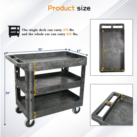 AQNIEGEP 3 Shelf Utility Cart Heavy Duty Rolling Cart with Brake Wheels Storage Service Cart w/Deep Shelves for Warehouse Workshop Cleaning Office Restaurant Commercial Moving 600lbs Capacity Black AQNIEGEP