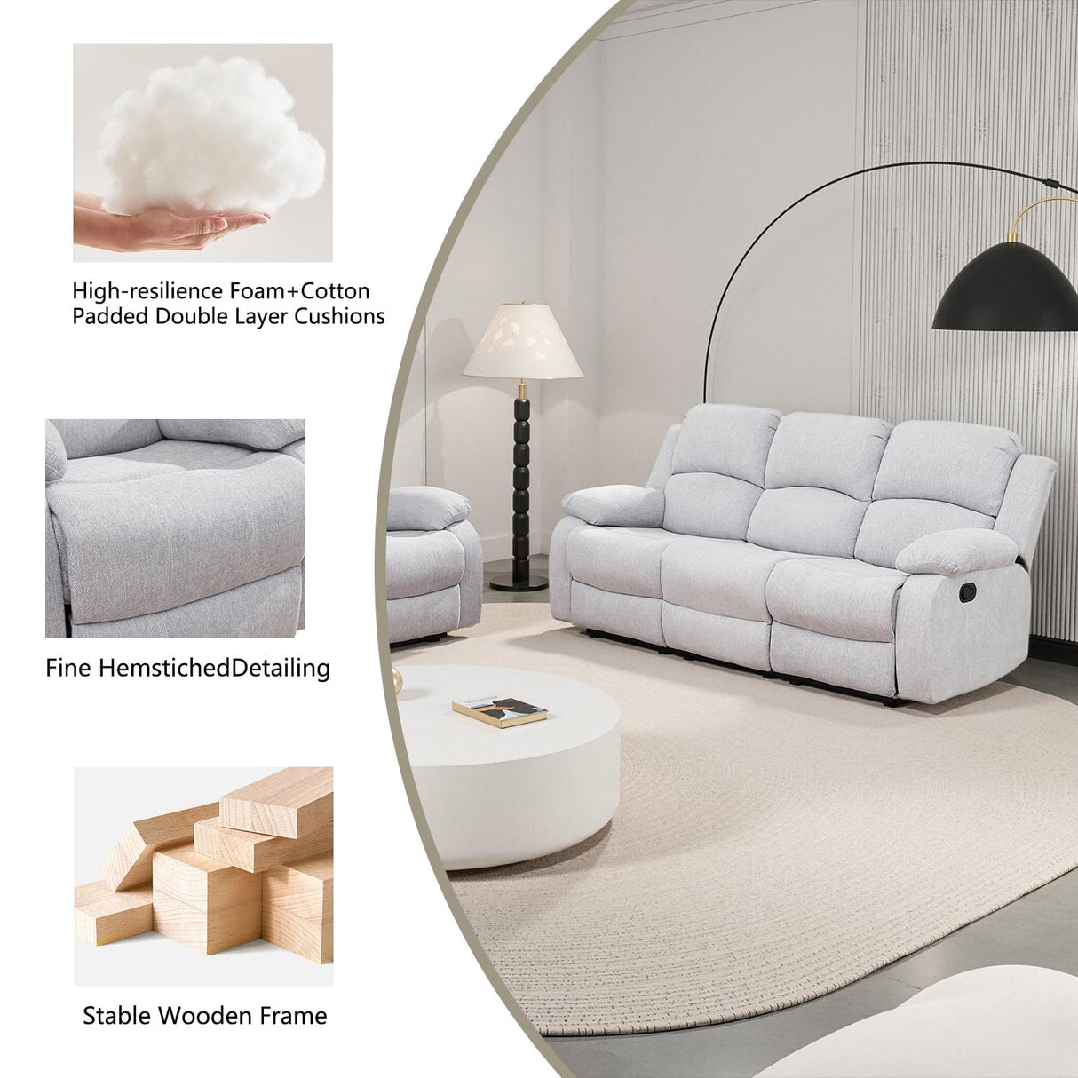 Manual Recliner Sofa Set,Microfiber Reclining Couch Set,Modern Living Room Furniture Set,Reclining Sofa Couch Chair for Living Room Home Office(Grey/White,3 Pieces Set) Pon Living Furniture Inc
