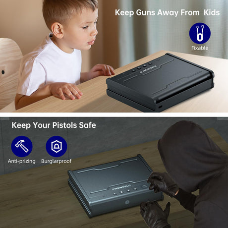 PINEWORLD Gun Safe,Biometric Gun Safe For Handgun, Pistol Safe With Fingerprint Backlit Keypad, Quick Access Handgun Safe for Firearm, Gun Lock Box With Interior Light For Nightstand Car Normal Size PINEWORLD