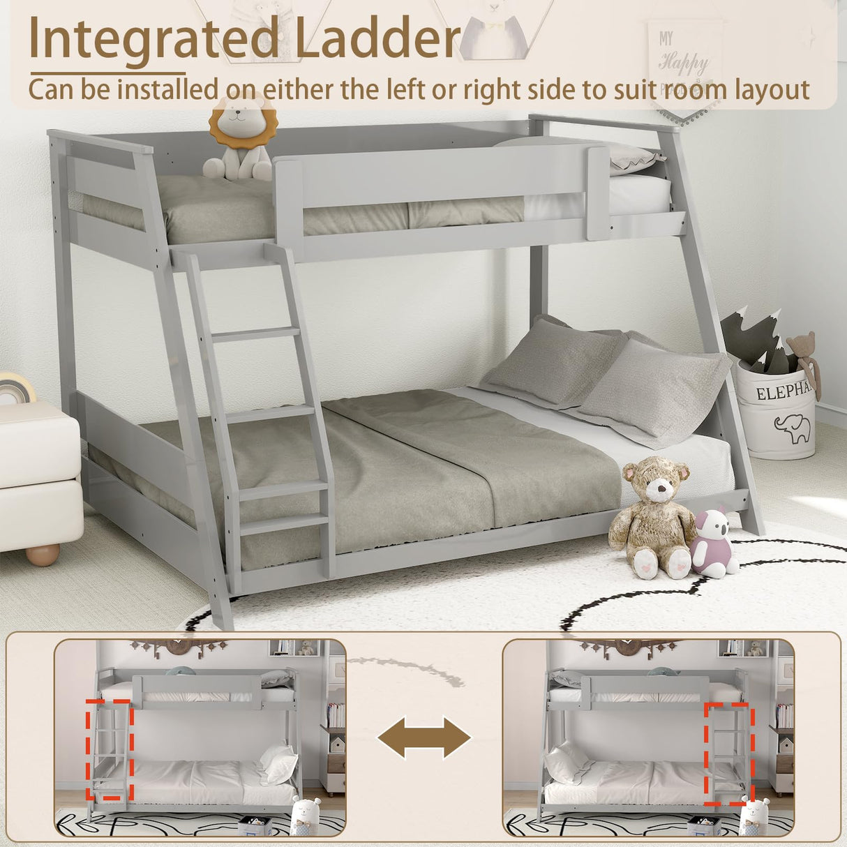 KOMFOTT Wood Twin Over Full Bunk Bed with Reversible Ladder, Wood Bunk Bed Frame with Slats Support & Safety Guardrails, Low Convertible Bunk Bed for Teens, Adults, No Box Spring Needed (Grey) KOMFOTT