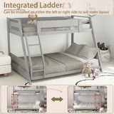KOMFOTT Wood Twin Over Full Bunk Bed with Reversible Ladder, Wood Bunk Bed Frame with Slats Support & Safety Guardrails, Low Convertible Bunk Bed for Teens, Adults, No Box Spring Needed (Grey) KOMFOTT
