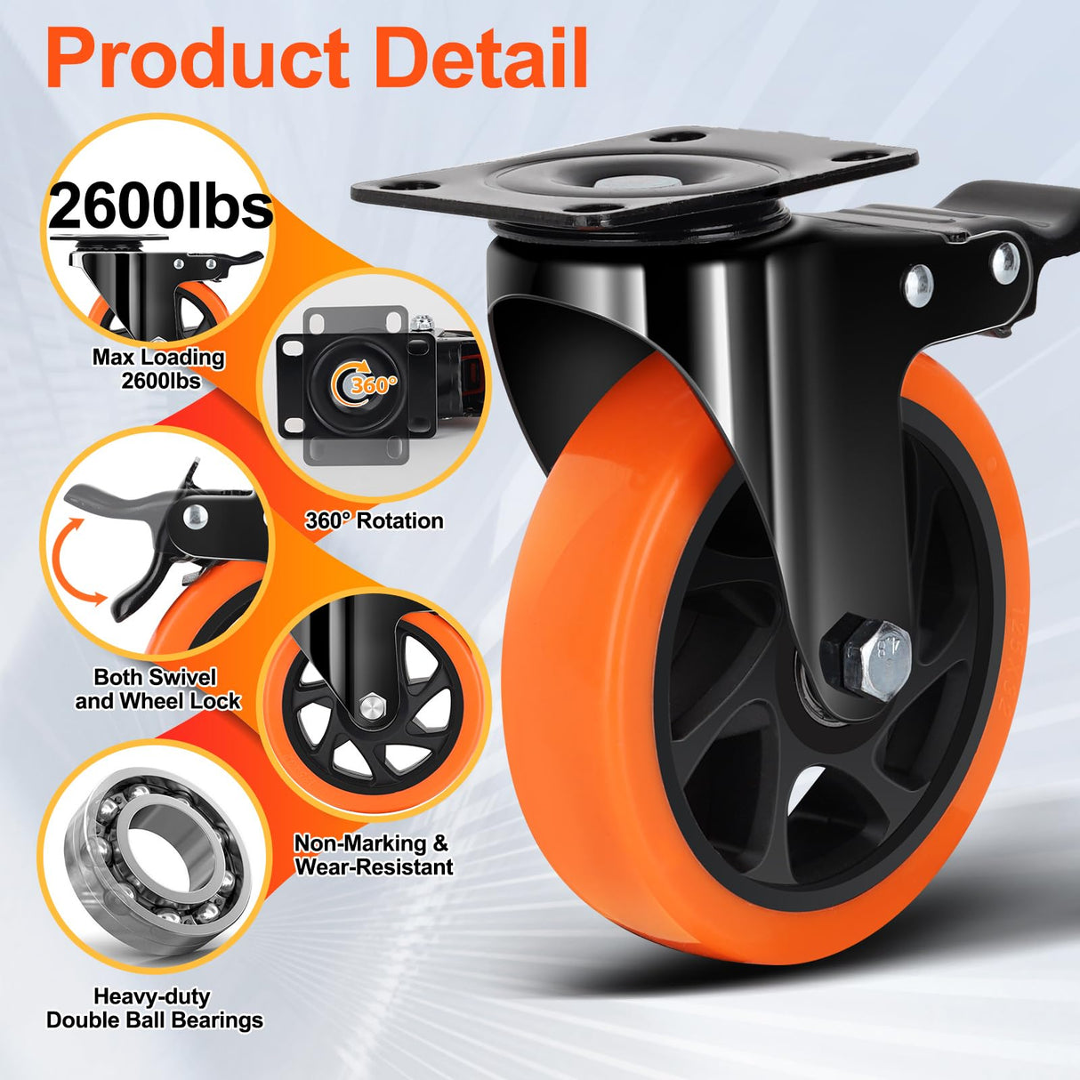 QNCZ Caster Wheels, 5 Inch Heavy Duty Casters Set of 4, Silent Industrial Casters Load 2600lbs, Swivel Casters for Furniture, Workbench and Cart Wheels QNCZ