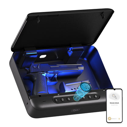 PINEWORLD Gun Safe, Biometric Gun Safes For Handgun, Pistol Safe With Fingerprint or Keypad, 4-Quick Access Unlock Gun Case for Firearm, Gun Lock Box For Nightstand Beside with APP Normal Size