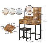Makeup Vanity Desk with Round Mirror and Lights, Vanity Makeup Table with Hair Dryer Rack, Small Vanity Table for Bedroom with Lots Storage (Brown with Charging, 15.75 * 31.5 * 53.6in) Vabches