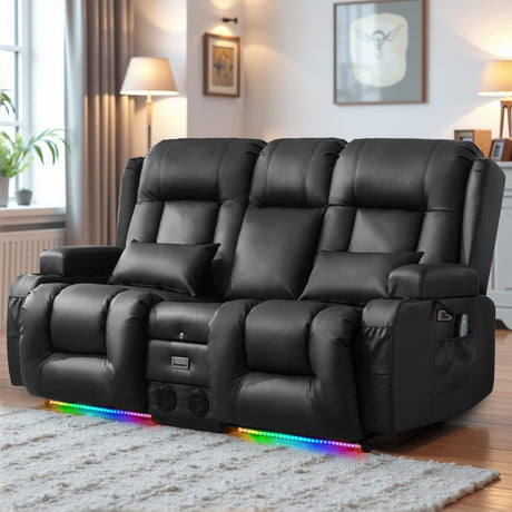 Houjud Power Loveseat Recliner Sofa with Console, RV Flip Middle Backrest Design 3 Seat Reclining Sofa Couch with Vibrating Massage and Heat, LED Light, USB, Bluetooth Speakers, Outlets, Black Houjud