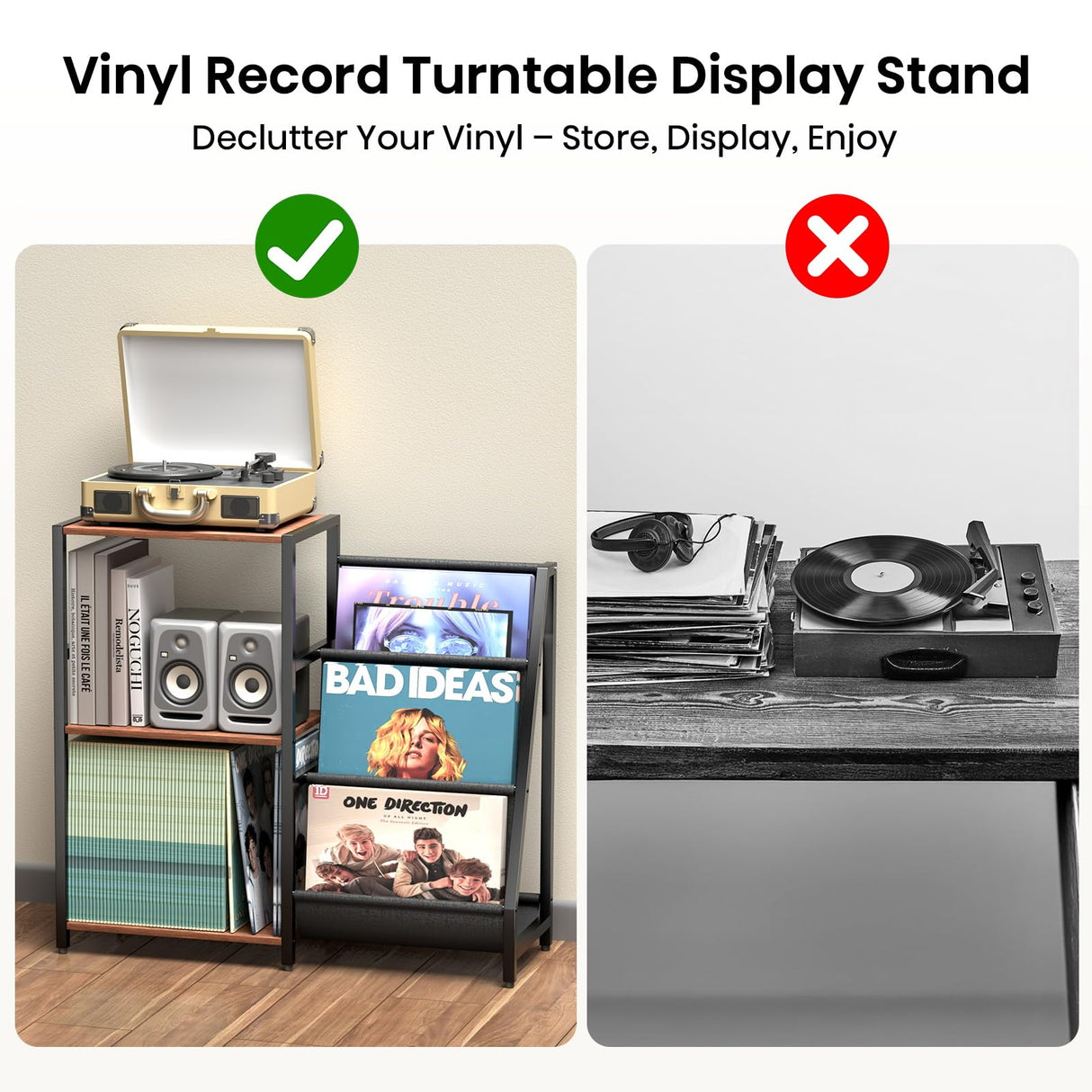 Record Player Stand, Turntable Stand with Vinyl Record Storage, 3-Tier Record Player Table 200+ Albums, End Table with Vinyl LP Display Shelf Holder, Turntable Cabinet Media Console for Stereo FEKTIK