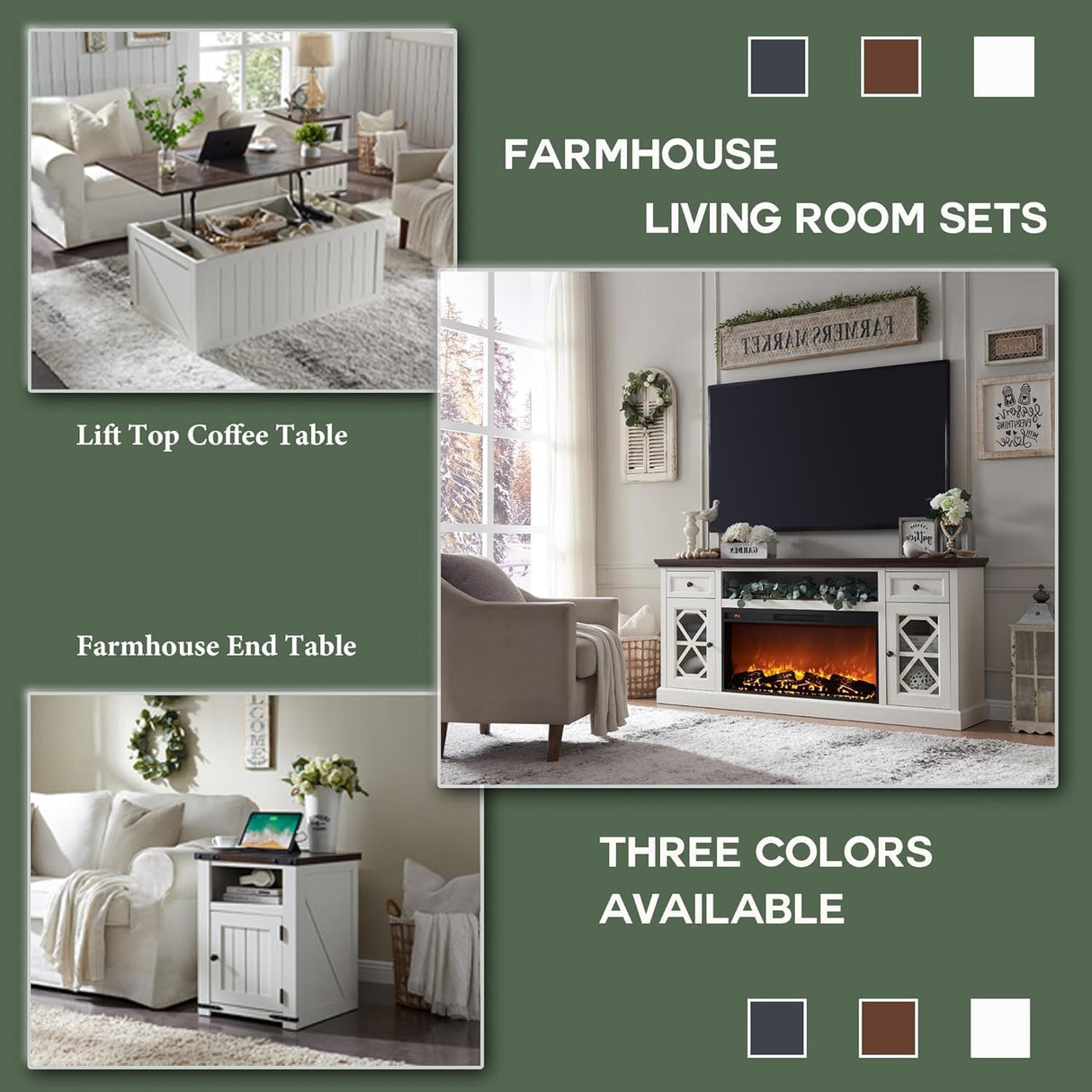 Farmhouse Fireplace TV Stand with 36" Electric Fireplace for 80 Inch TVs, 31" Tall Entertainment Center w/Drawer & Diamond Panel Door, Highboy Media Console for Living Room, 70inch, White IFGET