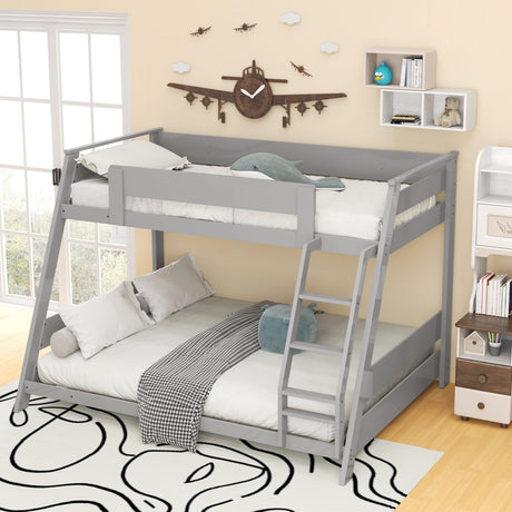 KOMFOTT Wood Twin Over Full Bunk Bed with Reversible Ladder, Wood Bunk Bed Frame with Slats Support & Safety Guardrails, Low Convertible Bunk Bed for Teens, Adults, No Box Spring Needed (Grey) KOMFOTT