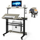 Mobile Standing Desk, Adjustable Rolling Computer Desk with 3 Desktops, Portable Laptop Table with Cup Holder, Home Office Laptop Workstation on Lockable Wheels, Grey Oak Panta