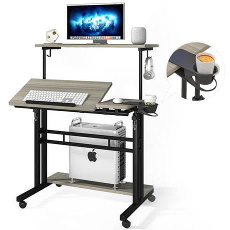 Mobile Standing Desk, Adjustable Rolling Computer Desk with 3 Desktops, Portable Laptop Table with Cup Holder, Home Office Laptop Workstation on Lockable Wheels, Grey Oak Panta