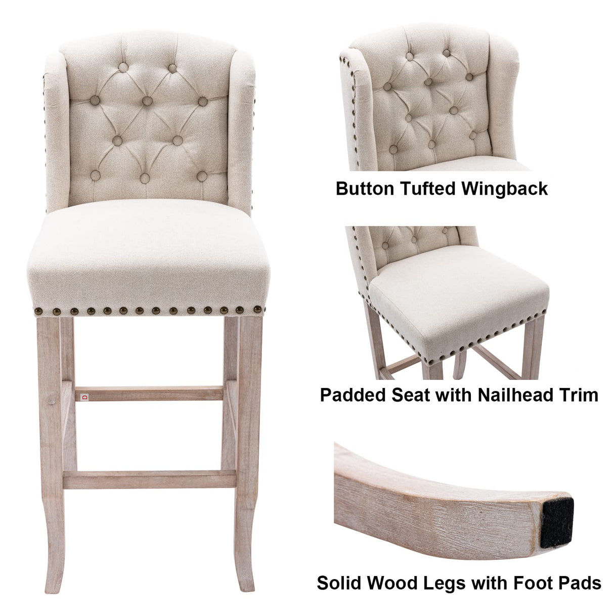 DUOMAY Classic Tufted 30 Inch Bar Stools Set of 2, Linen Upholstered Counter Chairs with Back, Armless Barstools Breakfast Stools W/Solid Wood Legs for Kitchen Island Lounge Pub Bar, Beige DUOMAY