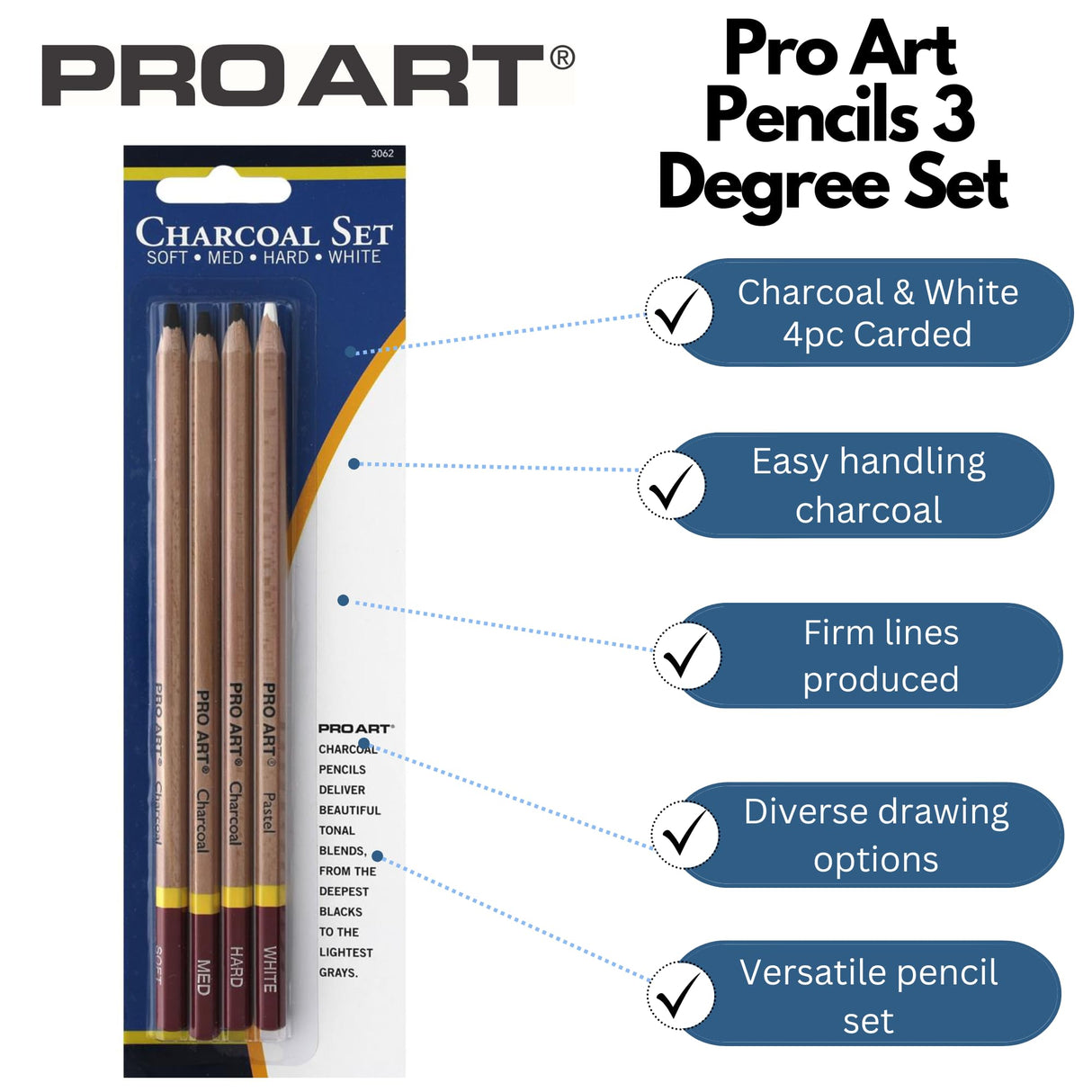 PRO ART Charcoal Pencil Set, 4 Count (Pack of 1) PRO ART