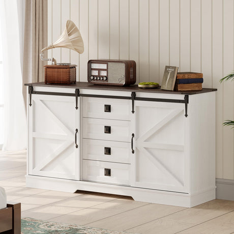 Farmhouse Dresser for Bedroom - 58'' Wide Chest of Drawers with 4 Drawers & 2 Sliding Barn Doors - Rustic Dresser TV Stand with Shelf - Dresser Organizer for Bedroom, Living Room, Dining Room - White Melidee