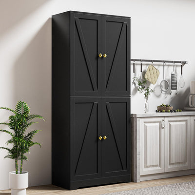 LYNSOM Farmhouse Pantry Cabinet, Kitchen Pantry Storage Cabinet with Barn Doors, 72" Tall Kitchen Pantry with Adjustable Shelves, Black Storage Cabinet for Kitchen, Dining Room, Black