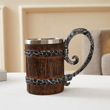 OTARTU Vintage Faux Oak Wood Barrel Beer Mug, Medieval Retro Viking Stainless Steel Coffee Cup Stein Tankard,17oz/500ML Cup Mug,Unique Gift OTARTU