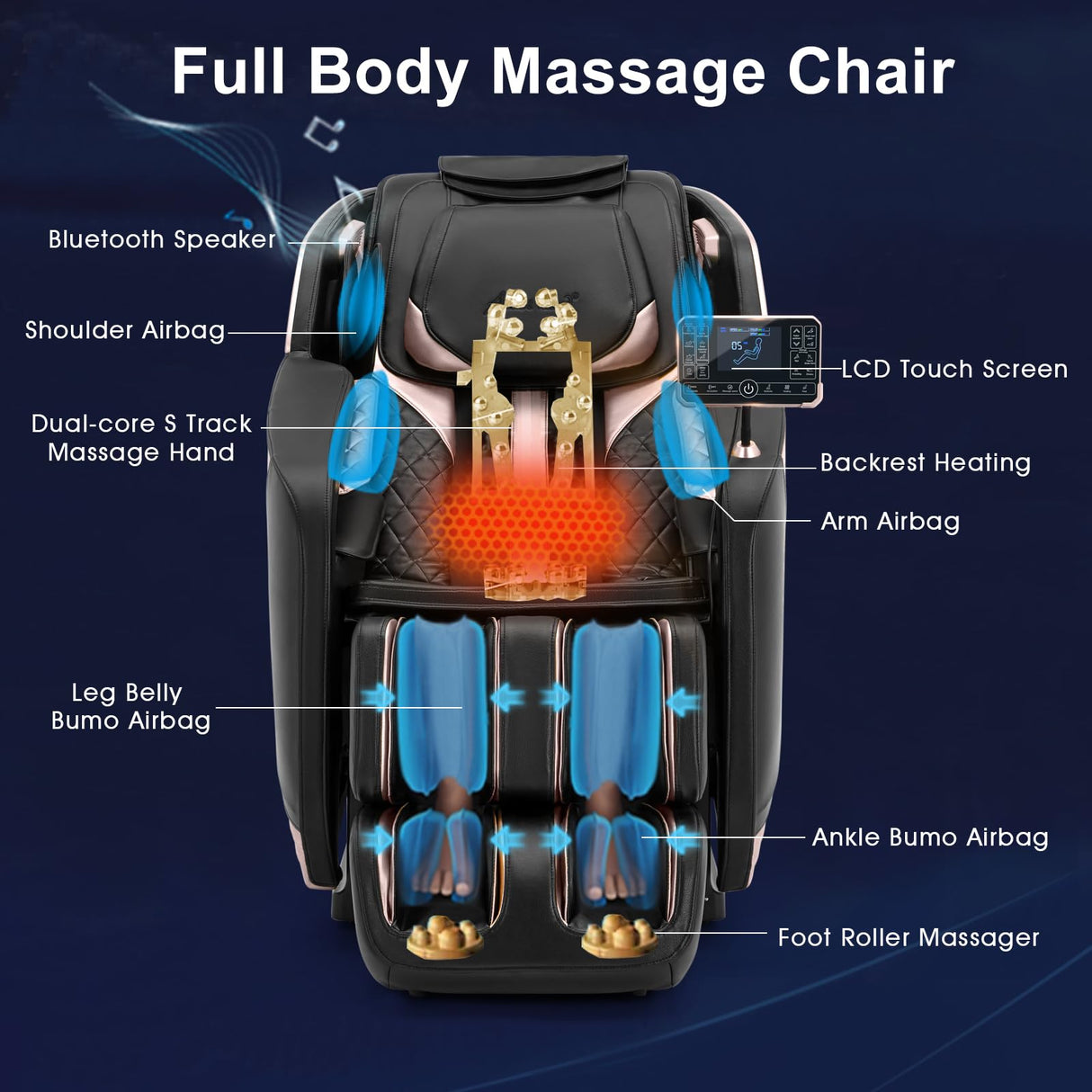 Artist hand Massage Chair Full Body, Zero Gravity Massage Chair, Dual Core SL-Track Massage Recliner Chair with Bluetooth Speakers, Full Body Airbag Compression, Heating, Foot Rollers, Black & Gold Artist hand