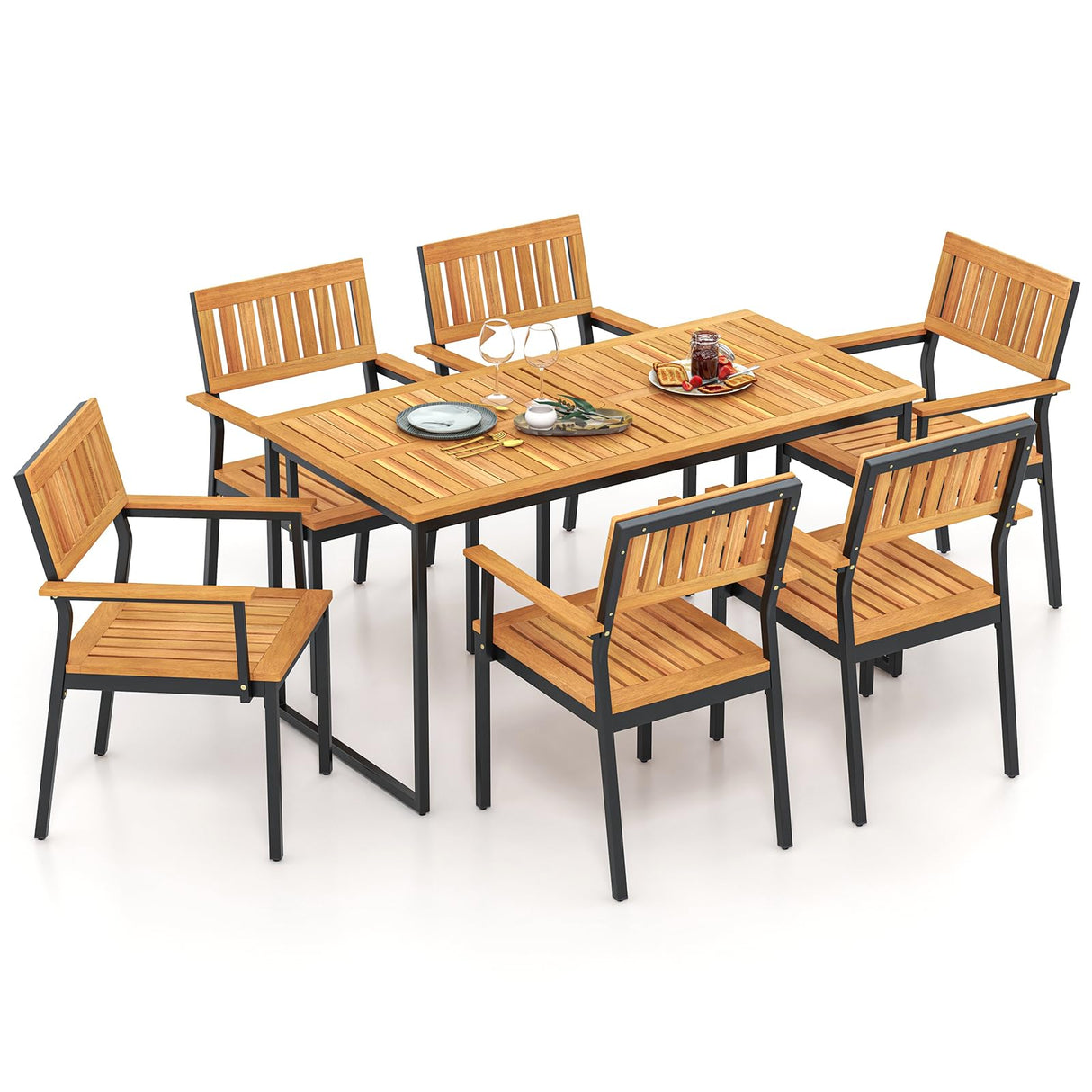 Tangkula 7 Piece Outdoor Dining Set for 6, Acacia Wood Rectangular Dining Table & 6 Armchairs w/Metal Frame, Umbrella Hole, Farmhouse Dining Furniture Set for Garden Porch Poolside Yard Tangkula