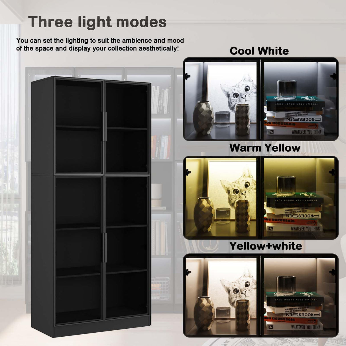 Jiaoun Display Cabinet with Glass Doors and LED Light, Black Curio Cabinets, Bookcase with 5-Tier Shelves, Trophy Glass Display Case for Collectibles (31.5 "W x 16.5 "D x 78.7 "H) Jiaoun