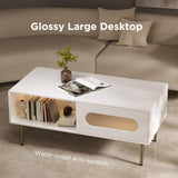 VEELOK Modern Coffee Table for Living Room - LED Living Room Table with 4 Storage Compartments, Semi See-Through Sliding Doors - Glossy Finish, Metal Legs, Rounded Edges - Contemporary Home Furniture VEELOK