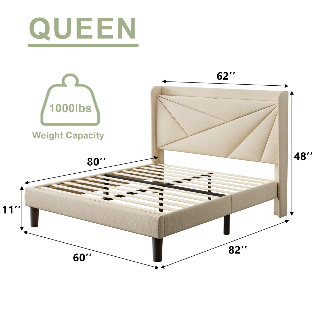Feonase Queen Bed Frame with Charging Station, Upholstered Platform Bed Frame with Wingback Storage Headboard, Solid Wood Slats Support, No Box Spring Needed, Beige Feonase