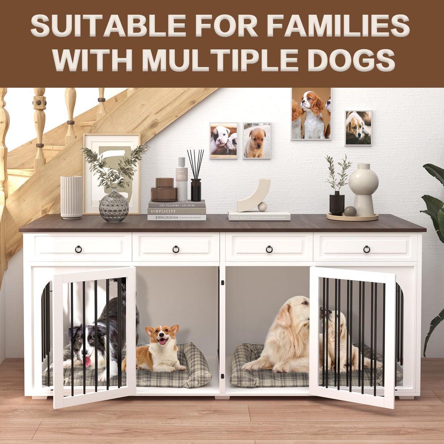 86.6" Large Dog Crate Furniture for 2 Dogs,XXXL Wooden Furniture Style Double Dog Crates Kennel Cage TV Stand End Table with 4 Drawers Divider Locks,White