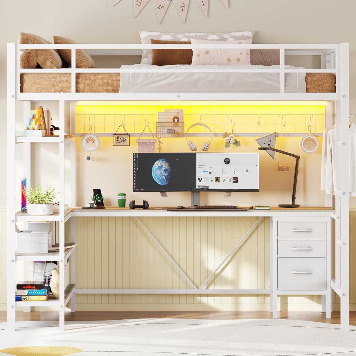 Loft Bed Twin Size with L-Shaped Desk and Storage Shelves, Metal Loft Bed Frame with Power Outlet, LED Lights, 3 Fabric Drawers, Metal Mesh, Space-Saving, No Box Spring Needed, White MSmask