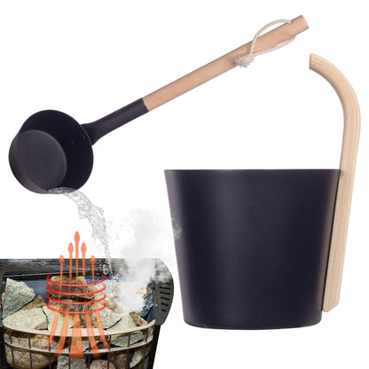 Black Sauna Bucket and Ladle Kit for Sauna & SPA Made of Premium Aluminum,7L Aluminum Bucket with Wooden Handle, Portable Steam Sauna for Home, for Houses SPA Centers Hotels Hostels